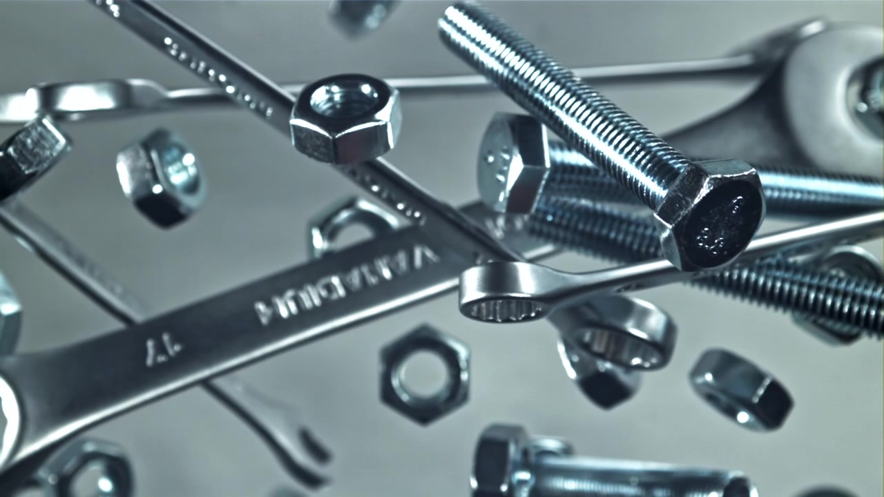 Primo piano di chiavi inglesi metalliche, bulloni e dadi sparsi.