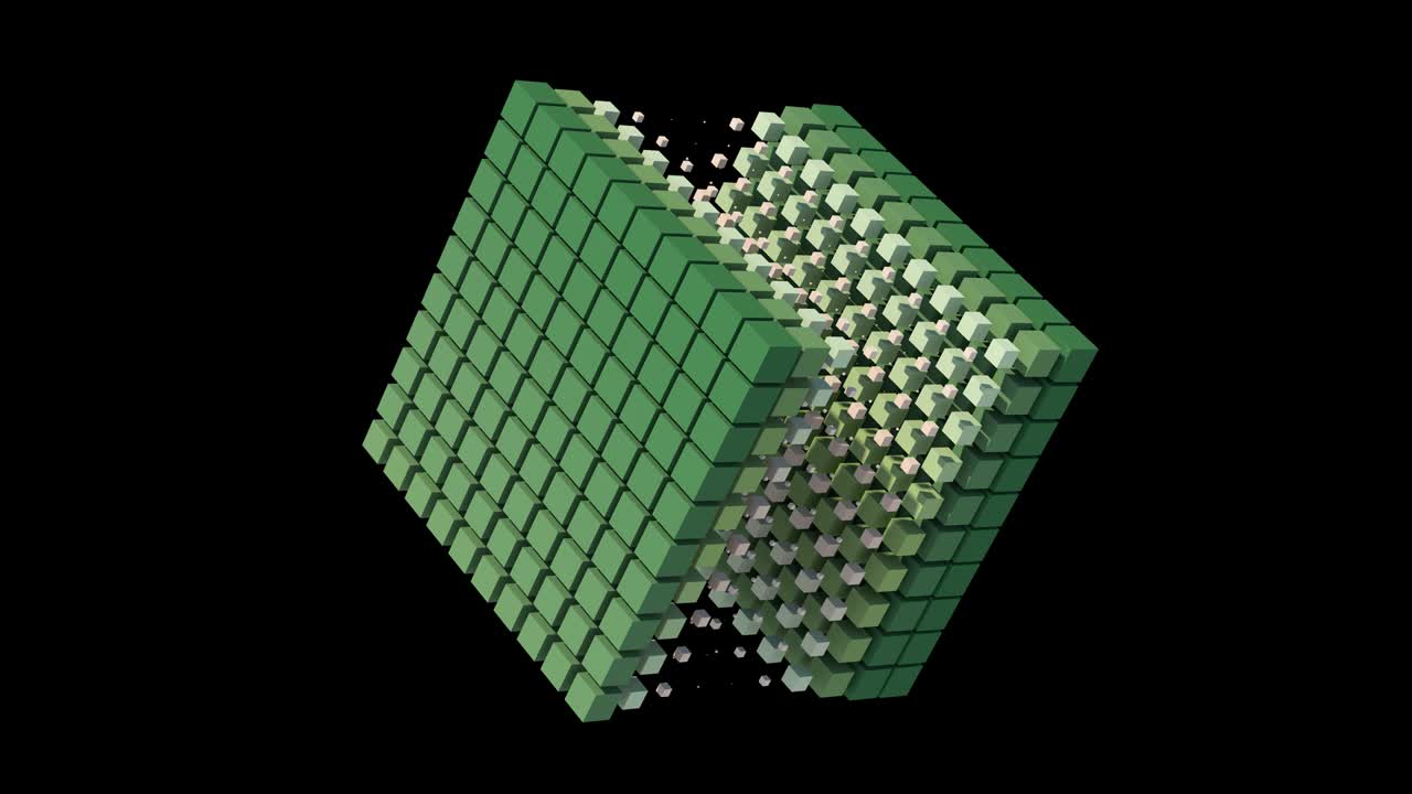 cubos verdes morphing. fondo negro, concepto de tecnología. animación abstracta, renderizado en 3d.