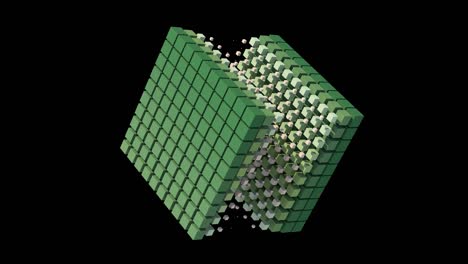 cubi verdi morphing. sfondo nero, concetto tecnologico. animazione astratta, rendering 3d.
