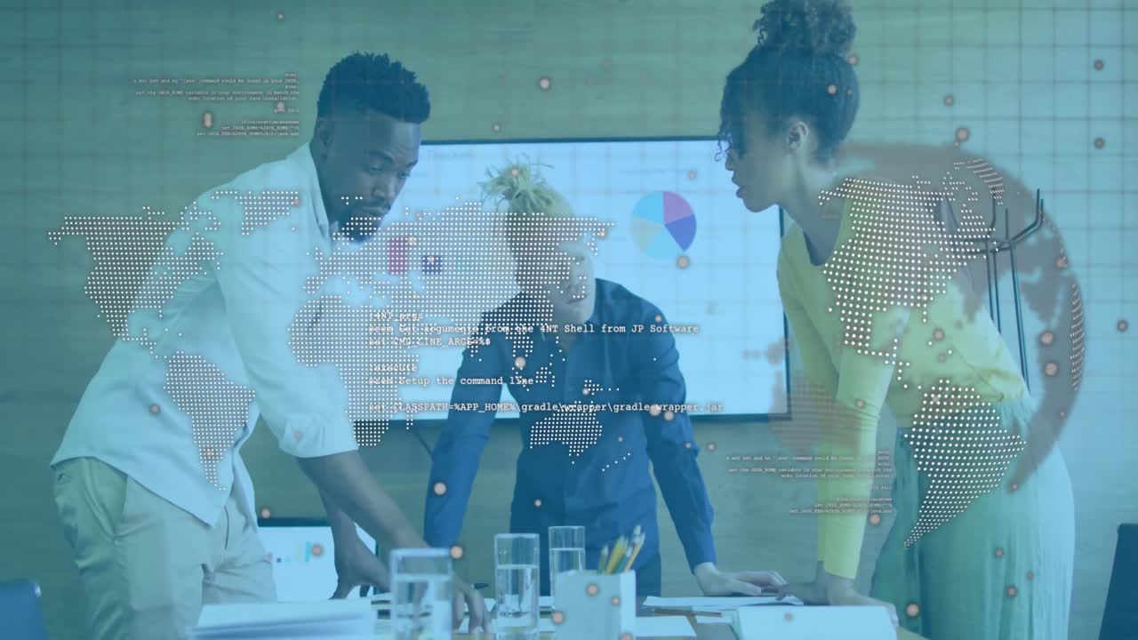 Animation of financial data processing over diverse business people working at office