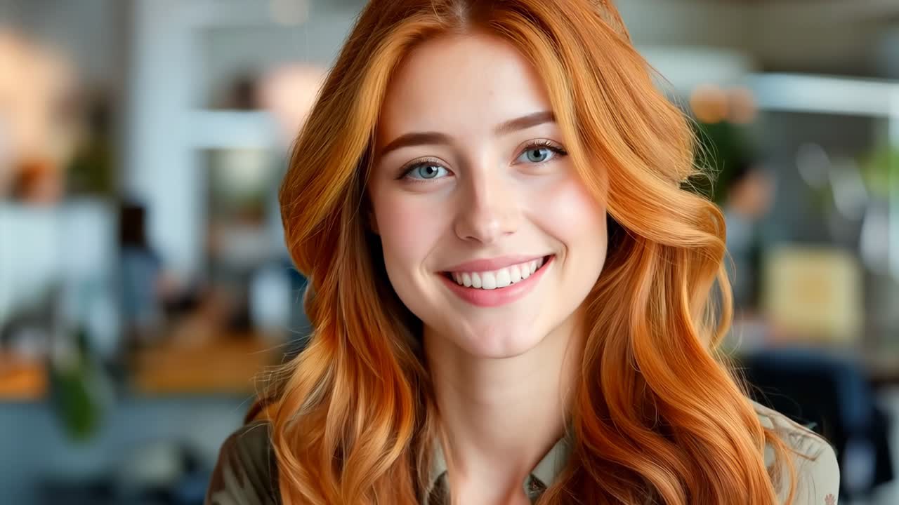 긴 빨간 머리카락 을 가진 여자 가 카메라 에 미소 짓고 있다