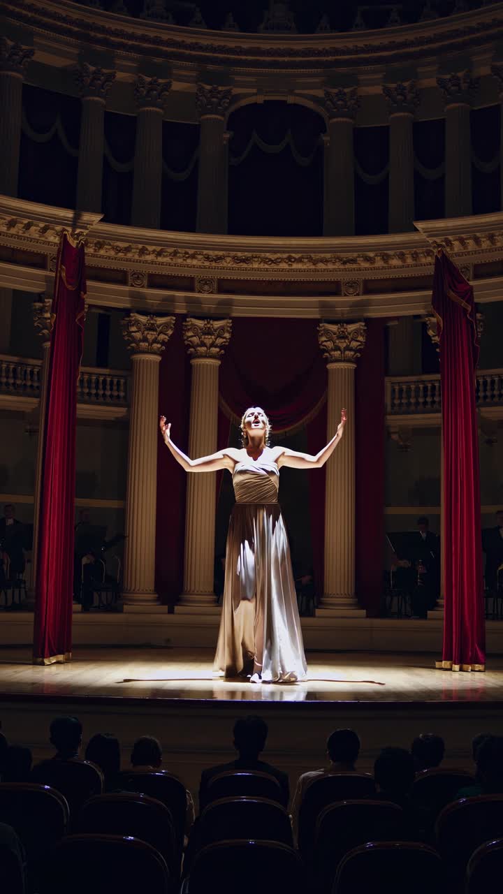 Elegante escena de vídeo de una mujer en el escenario de un teatro clásico, captada desde un ángulo bajo