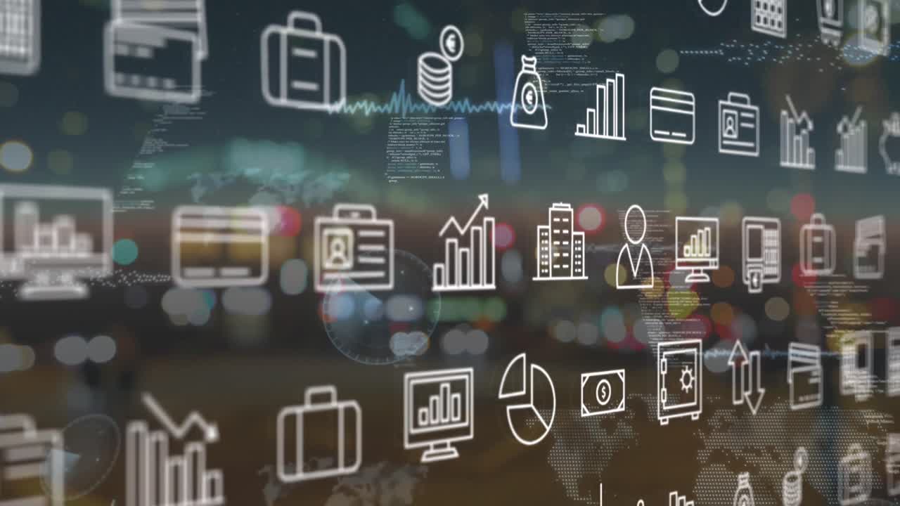animación de iconos digitales y procesamiento de datos contra la vista borrosa del tráfico nocturno de la ciudad.
