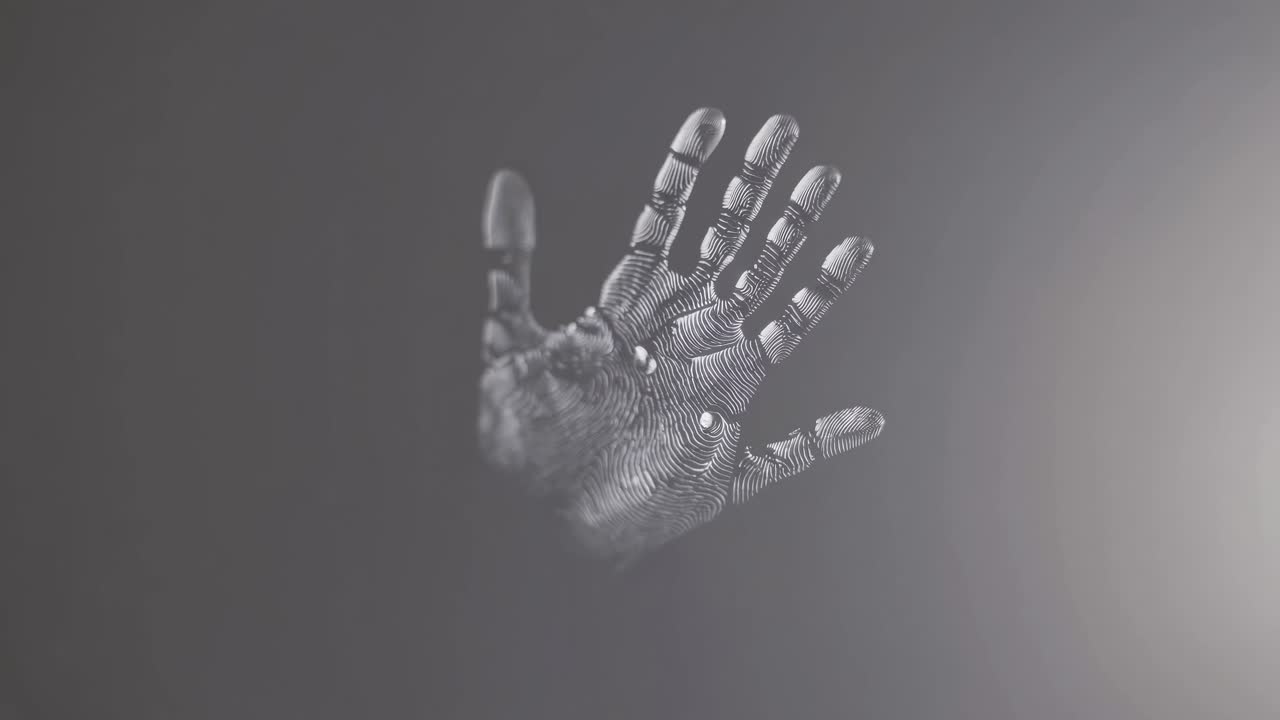 A grayscale video frame of a digital handprint with intricate lines, viewed from a top-down angle