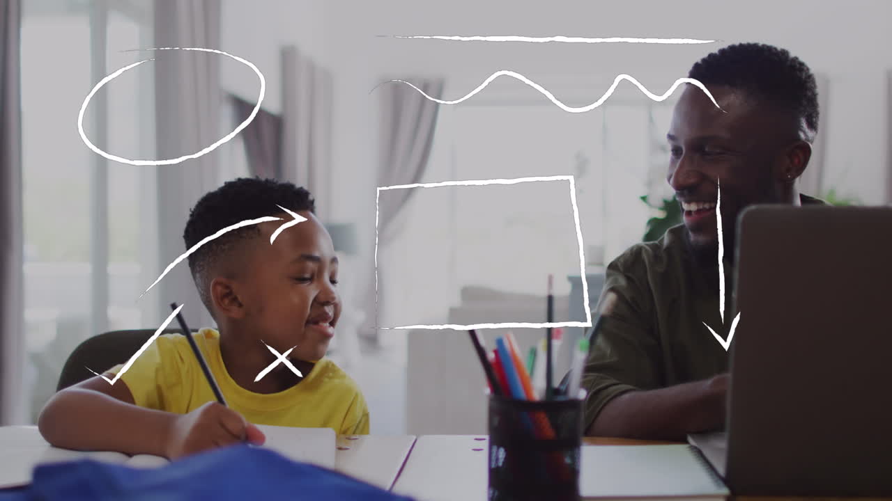 Animation of shapes and arrows over happy african american father and son with laptop and homework