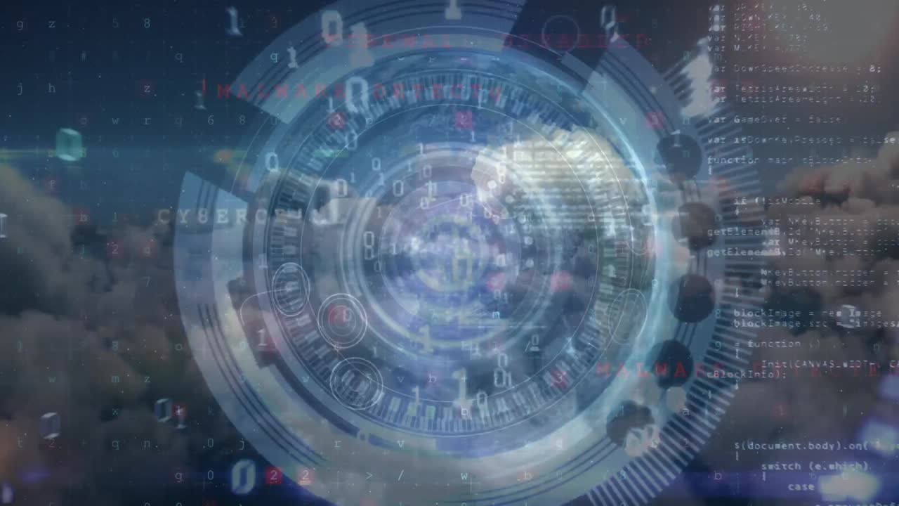 처리 원, 바이너리 코드 및 구름이 가득한 하늘 위의 데이터 처리 애니메이션