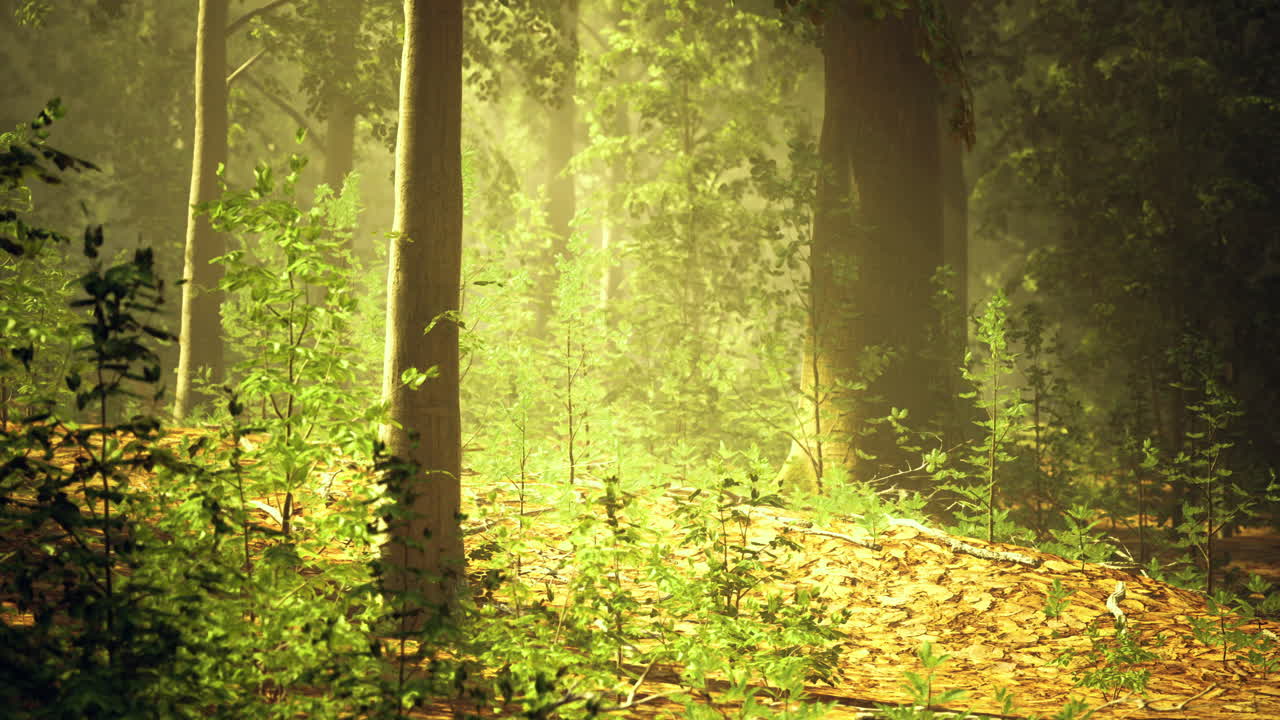 Sunlight filters through trees creating a serene forest atmosphere