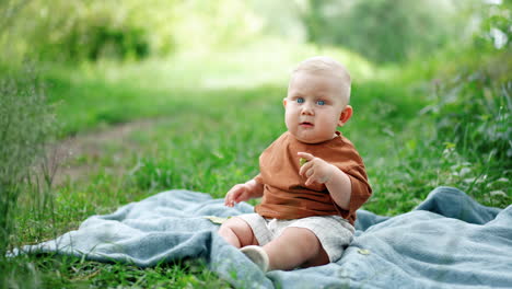 lovely blond baby boy sitting on the grass on the plaid. peaceful infant takes a leaf to his hand. blurred nature backdrop.