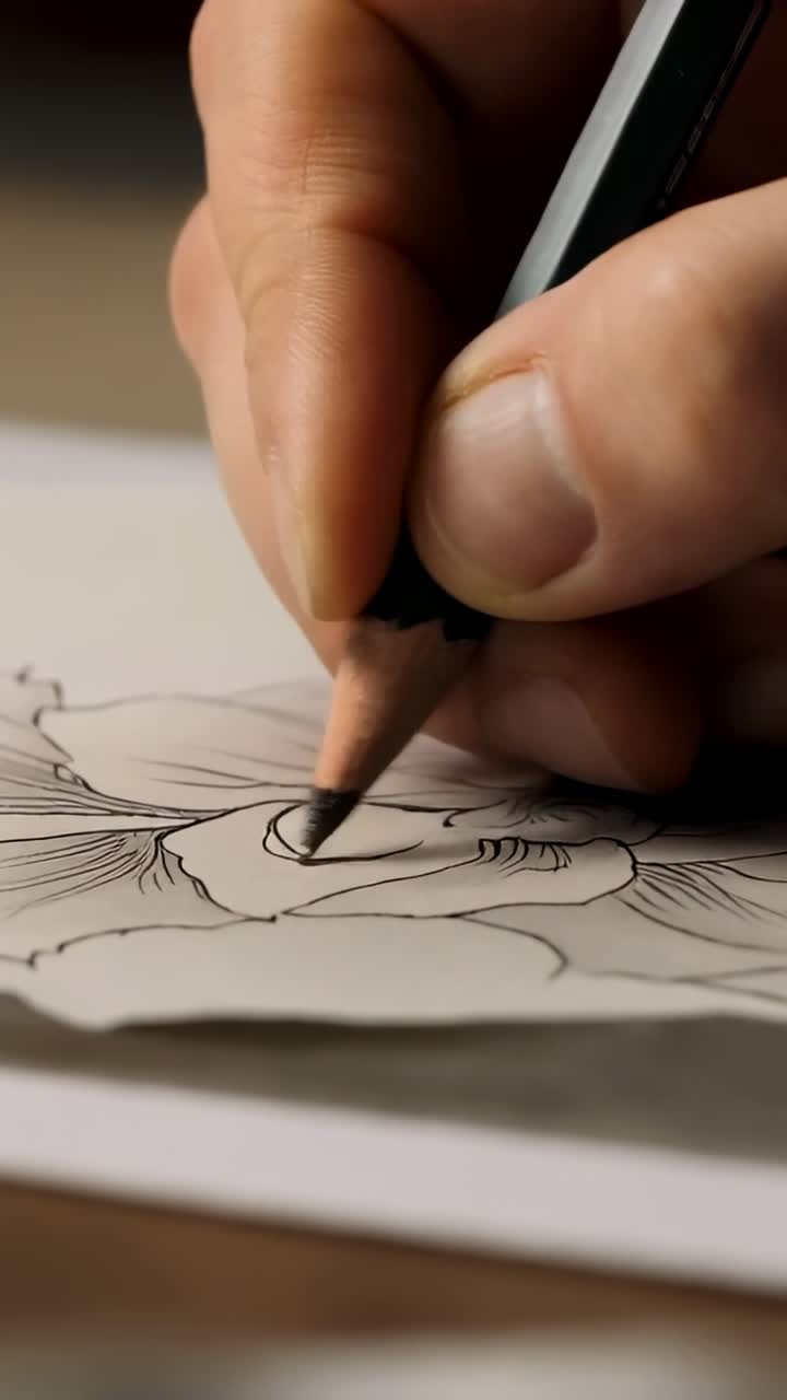 Vertical video: Pencil touching paper on desk, artist hand drawing floral veins to add detail