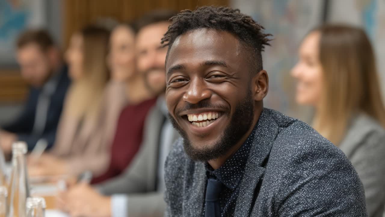 Un professionnel joyeux participant à une réunion collaborative, faisant preuve d’enthousiasme et d’esprit d’équipe parmi ses collègues autour de la table de conférence