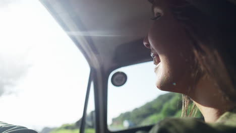 Woman-travel-in-car,-outdoor-and-sun
