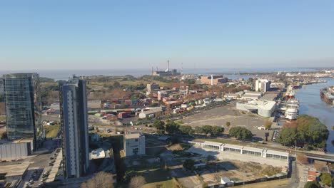 Aerial-establishing-shot-of-portuary-zone-of-Buenos-Aires-city-at-daytime