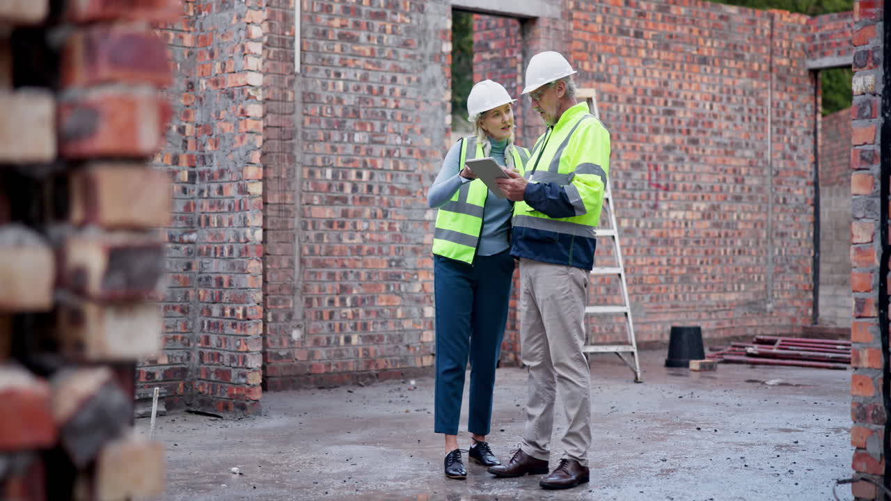 Construction workers discussing plans at a building site