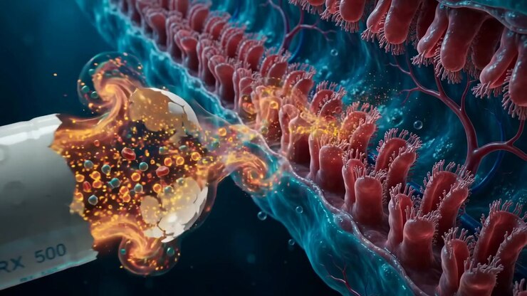 Macro medical visualization of the human intestines white capsule pill dissolving among intestinal villi with drug