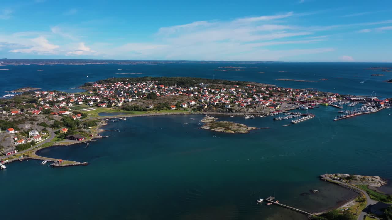 Donso Island - Aerial View Of Coastal Town And Harbor On Island Near Gothenburg At Daytime In Sweden. - pullback