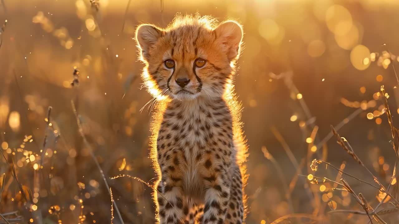 A baby cheetah is standing in tall grass. The baby cheetah is looking at the camera