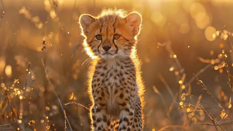 a baby cheetah is standing in tall grass. the baby cheetah is looking at the camera