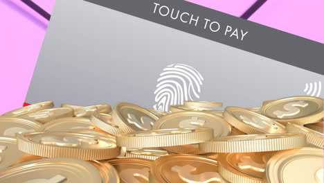 animation of biometric pay icon with gold american dollar coins