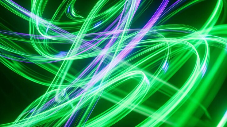 Dense network of glowing neon ribbons sweeps across deep green to near-black backdrop, forming overlapping loops, diagonal curves, radiant streaks, and vibrant abstract motion, with light, neon