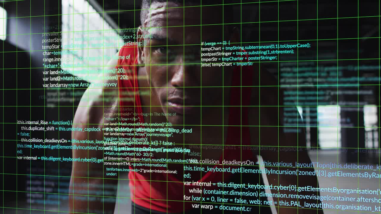Male athlete rising from bend to focus in fitness gym, tech grid appearing, code overlaying man