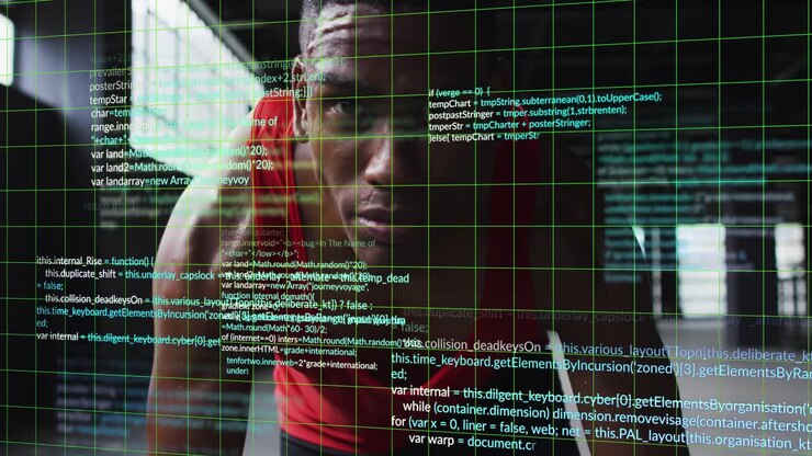 Male athlete rising from bend to focus in fitness gym, tech grid appearing, code overlaying man