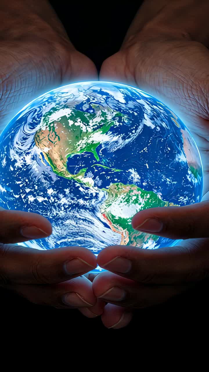 Vertical video: Cradling cupped hands steadying hovering rotating globe with blue halo in studio
