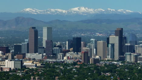 Downtown-Denver-aerial-drone-City-Park-cityscape-Nuggets-Avalanche-Rockies-Rocky-Mountains-landscape-Mount-Evans-best-cinematic-original-parallax-foothills-Colorado-summer-green-lush-zoom-to-right