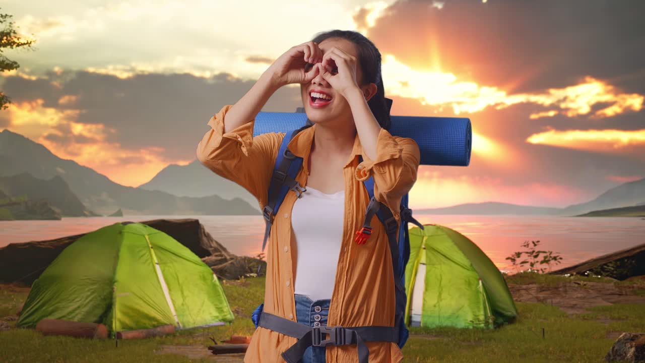 Happy Woman Camping at Sunset