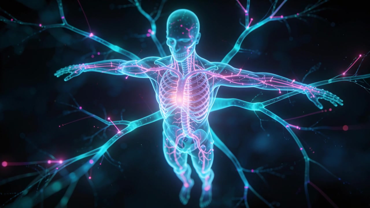 Pulsing chest glow driving skeletal model sending pink sparks along branches, lab showing signals