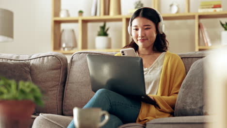 laptop, phone and asian woman relax