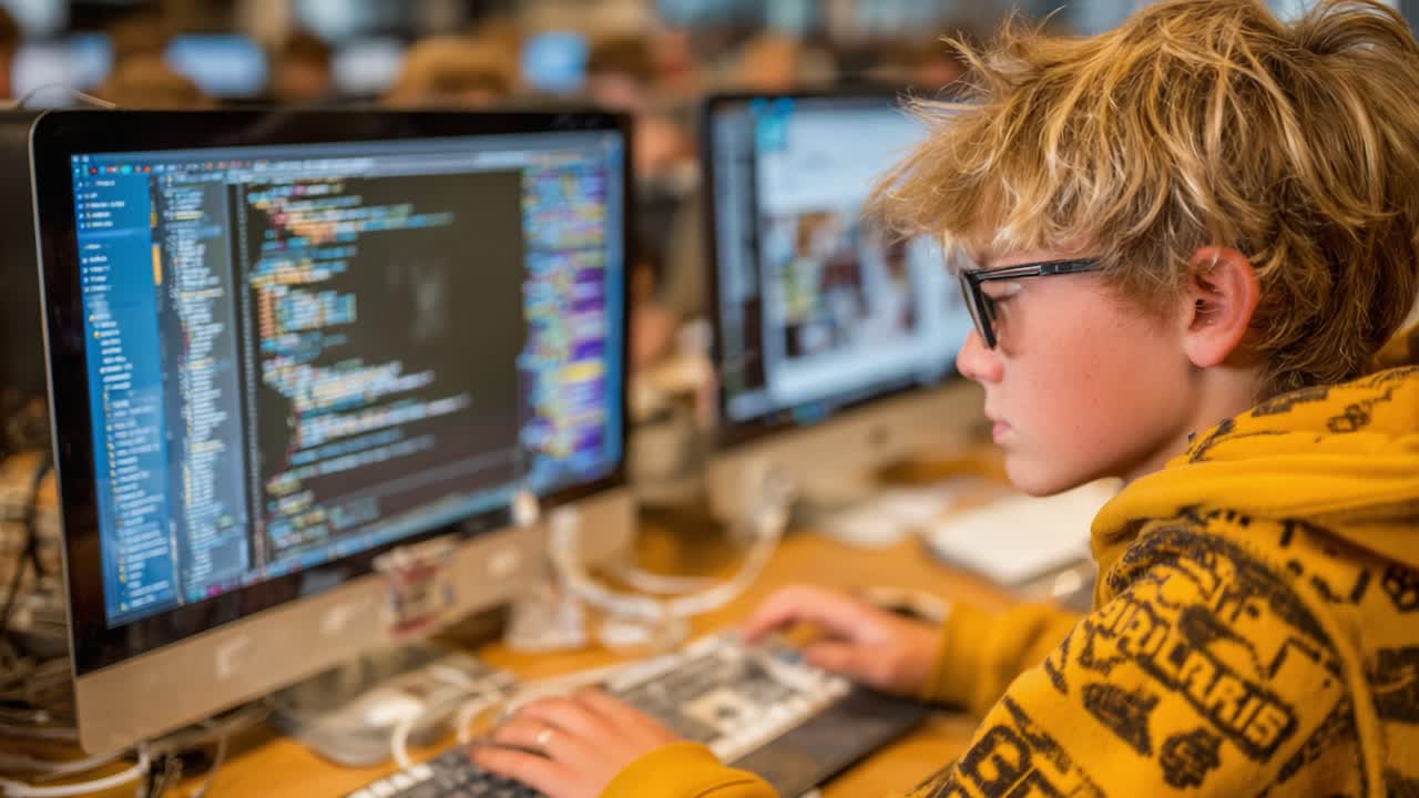 Young Programmer Engaged in Coding Activities at a Computer Station, Demonstrating Focus and Creativity in a Collaborative Educational Environment