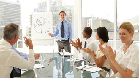 gente de negocios aplaudiendo a su colega después de la presentación