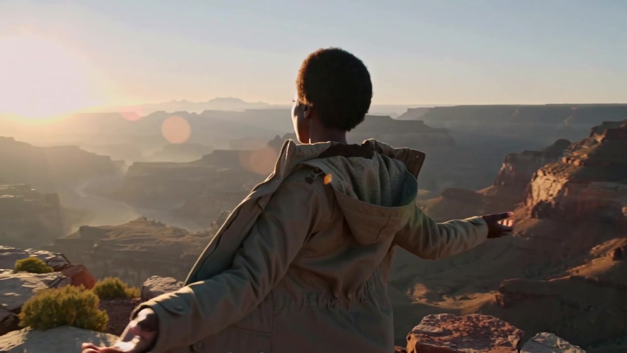 Standing woman turning from profile to back watching sunrise at canyon rim, wearing khaki parka