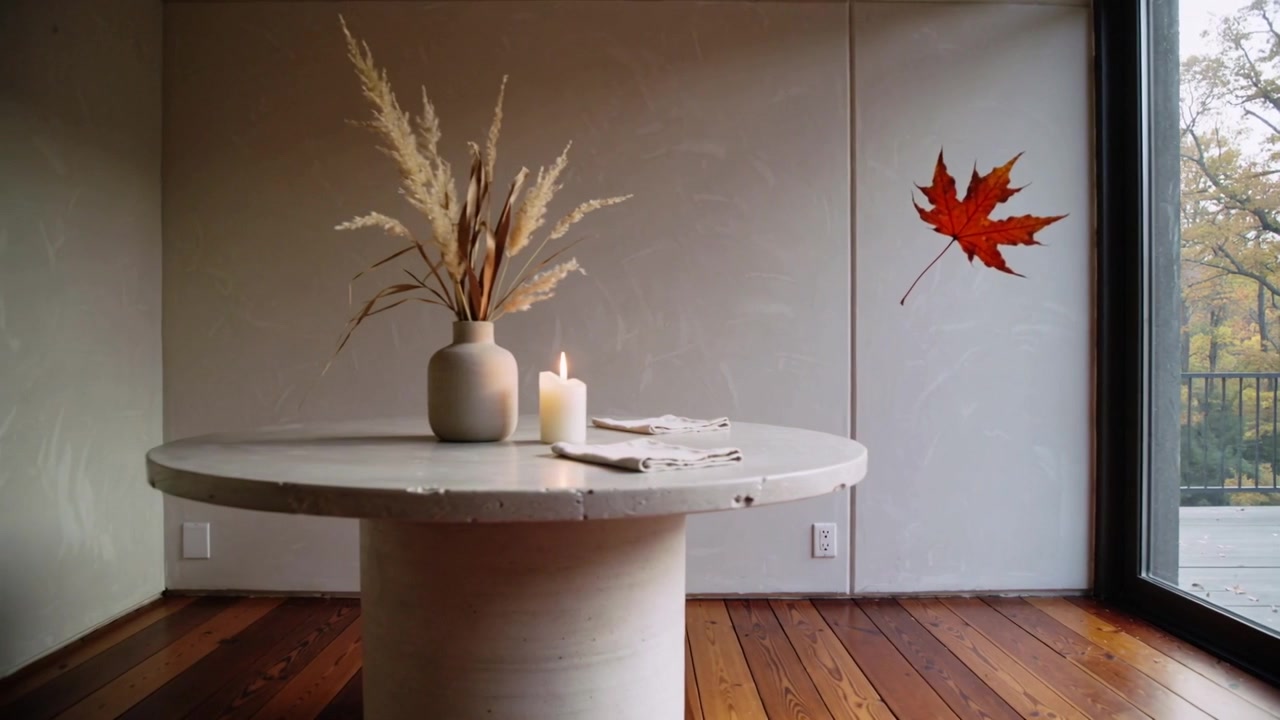 Appearing red maple leaf drifting near sliding glass door at home, passing candlelit table display