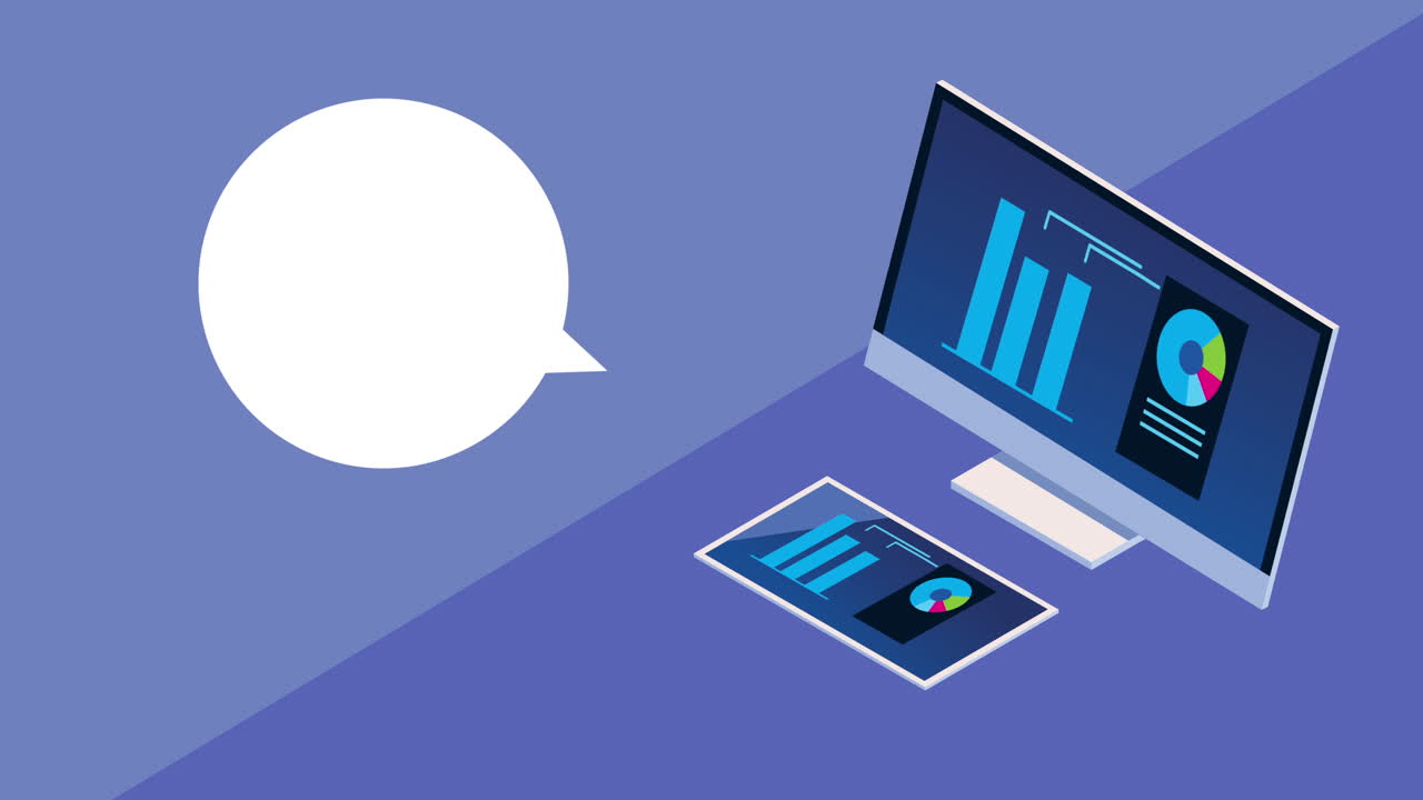 animación tecnológica de computadora de escritorio isométrica