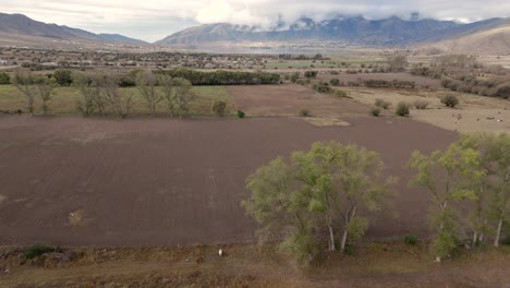 Drone-flight-over-brown-fields-with-the-big-cloudy-mountain-of-Tafi-del-Valle-in-the-background,-slowmotion