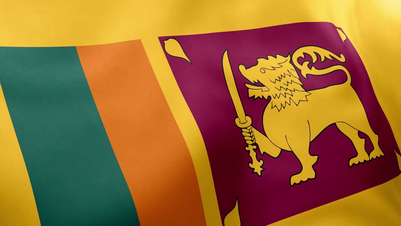 Realistic animation of Sri Lankan Lion Flag waving. Yellow border crimson lion green orange stripes. Seamless loop national themes Sri Lanka