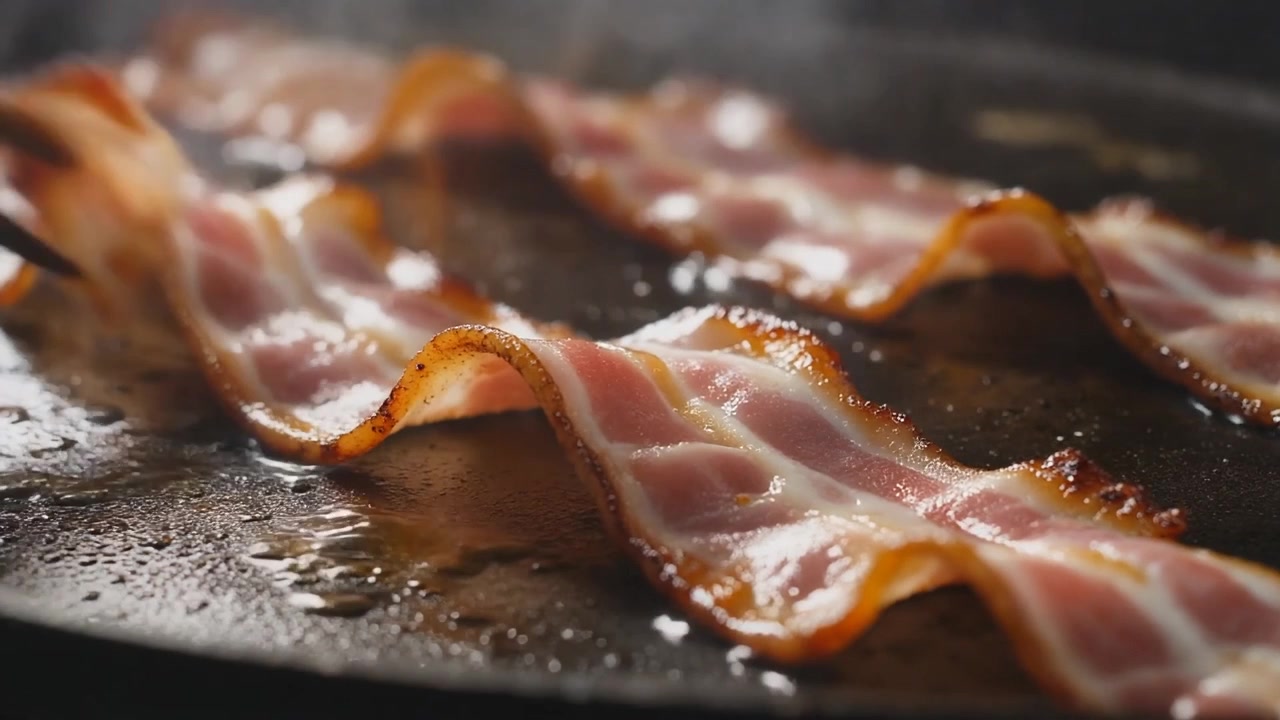 Chef che usa le pinze per girare strisce di pancetta sfrigolanti in una padella calda