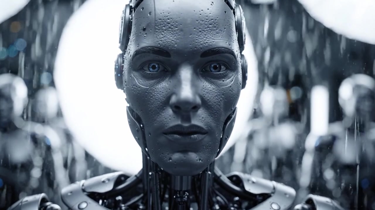 Une collection de robots humanoïdes avancés se tient sous une pluie de gouttelettes d'eau, créant un contraste saisissant entre leur design épuré et l'environnement immersif