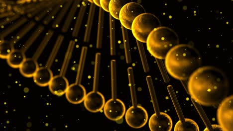 3d animation of rotating golden colored dna strands with floating particles on black background