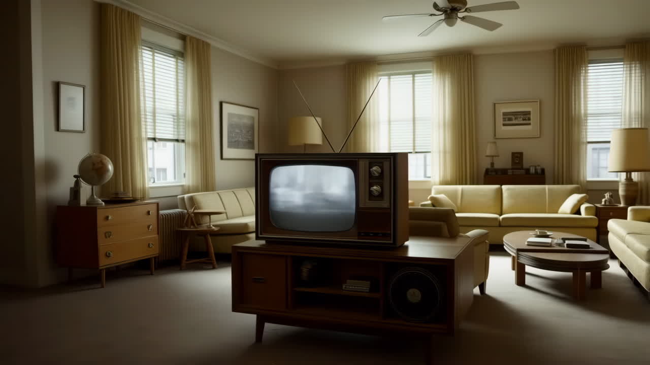 A vintage television set in a retro mid-century modern living room
