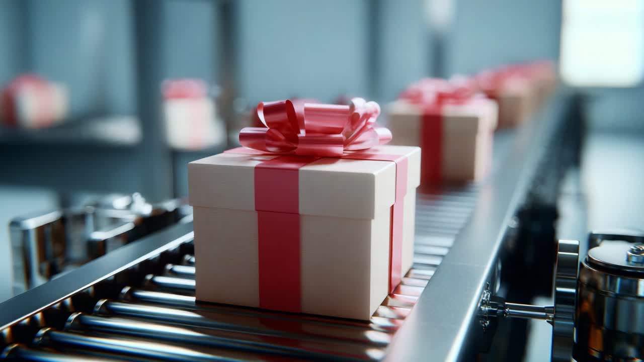 A Conveyor Belt Displaying Beautifully Wrapped Gift Boxes with Pink Ribbons, Highlighting the Intricate Process of Packaging and Presenting Gifts in a Modern Industrial Setting
