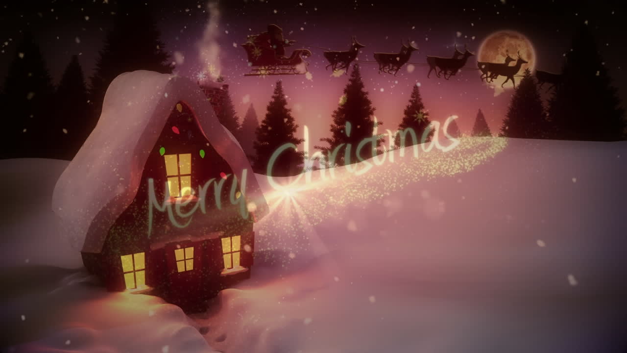 texto de feliz navidad y copos de nieve cayendo contra la casa en el paisaje de invierno contra el cielo nocturno