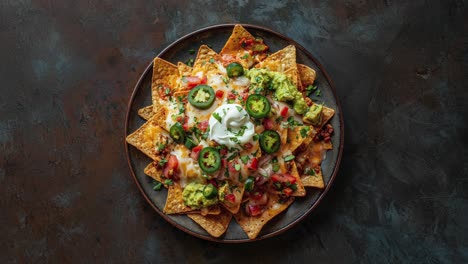 loaded nachos with beef, guacamole, sour cream, jalapenos, tomatoes and cheese