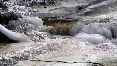 Zoom-En-Vista-Del-Río-Congelado-Cayendo-Sobre-Rocas-Cubiertas-De-Hielo-En-Cámara-Lenta