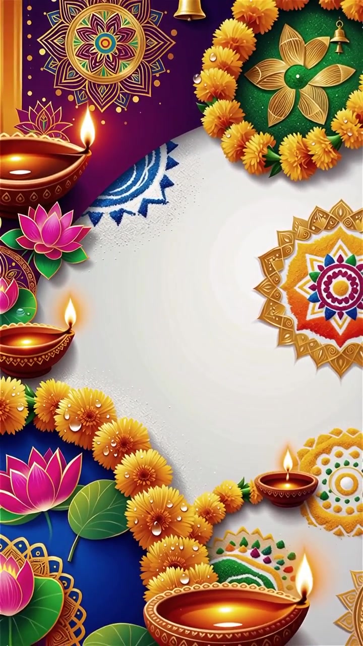 Sfondo Diwali con Diyas luminosi, Rangoli e fiori di loto