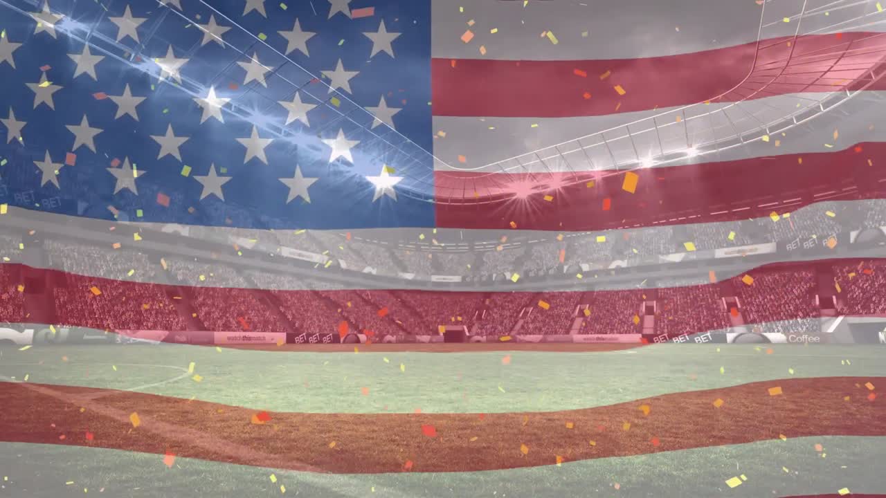 animação de confete e bandeira americana sobre um estádio esportivo