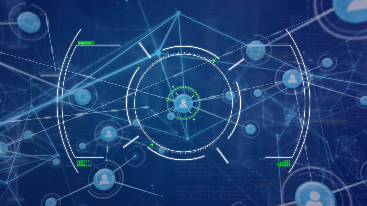 데이터 처리에 대한 아이콘과 범위 스캐닝을 가진 연결 네트워크의 애니메이션