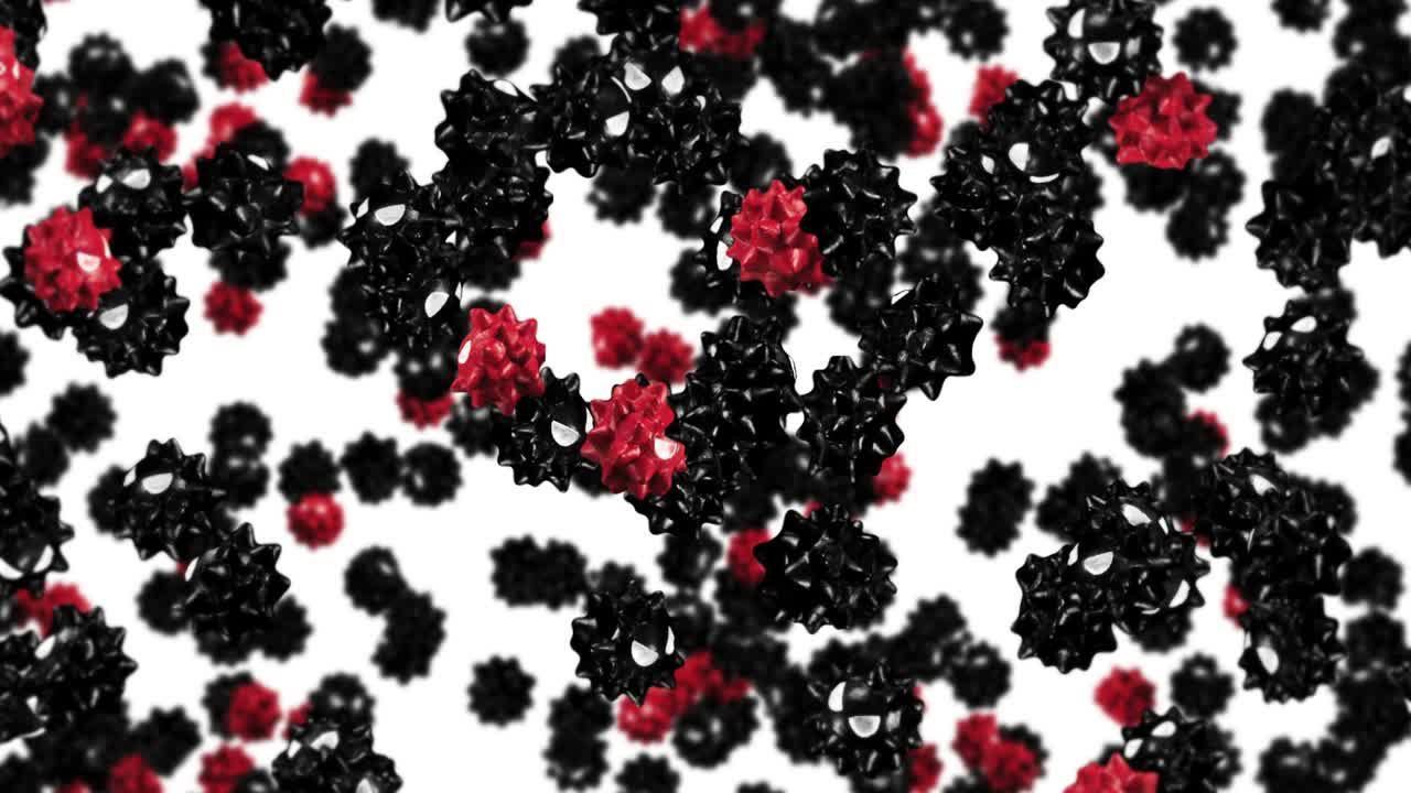 만화 캐릭터에서 많은 바이러스를 날아다니는. 빨간색과 검은색. 새로운 균열. 변종. 의학 개념. 화를 내는 바이러스 마스코트. 3d 루프 애니메이션.