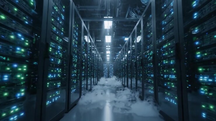 A Glimpse Inside a Modern Data Center: Illuminated Server Racks Surrounded by Fog, Representing Advanced Technology and Connectivity